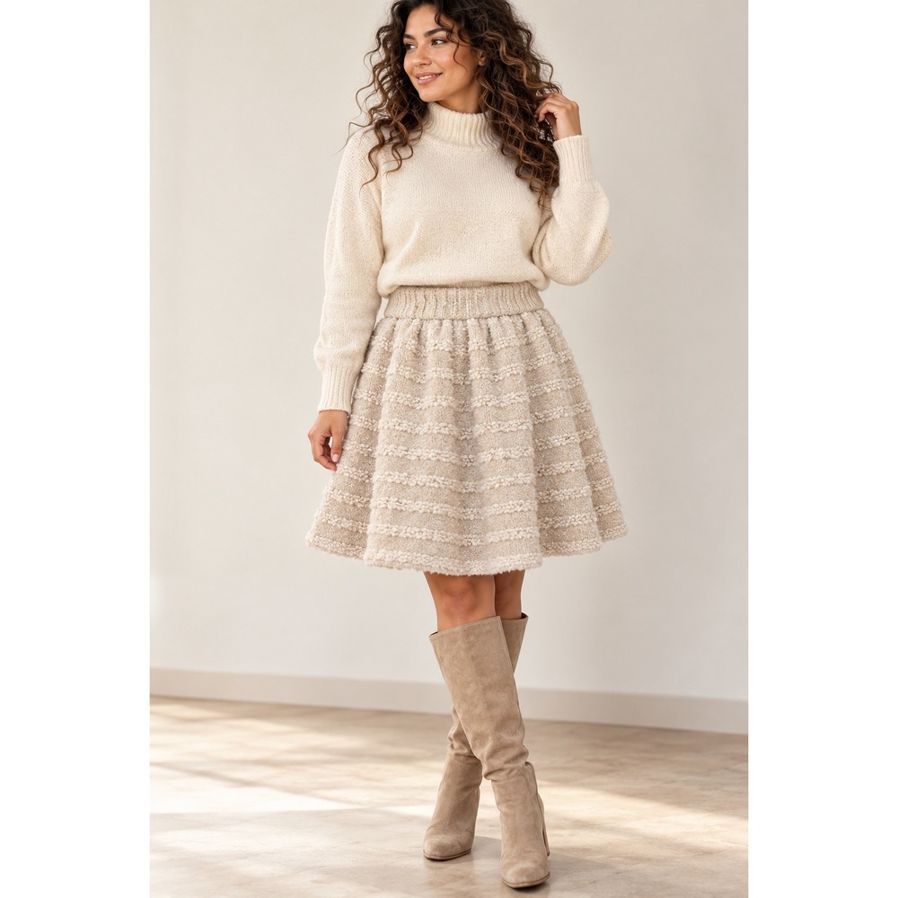 VICI Josephine Checkered Plush Knit Mini Skater Skirt Beige Cream Wool Blend M